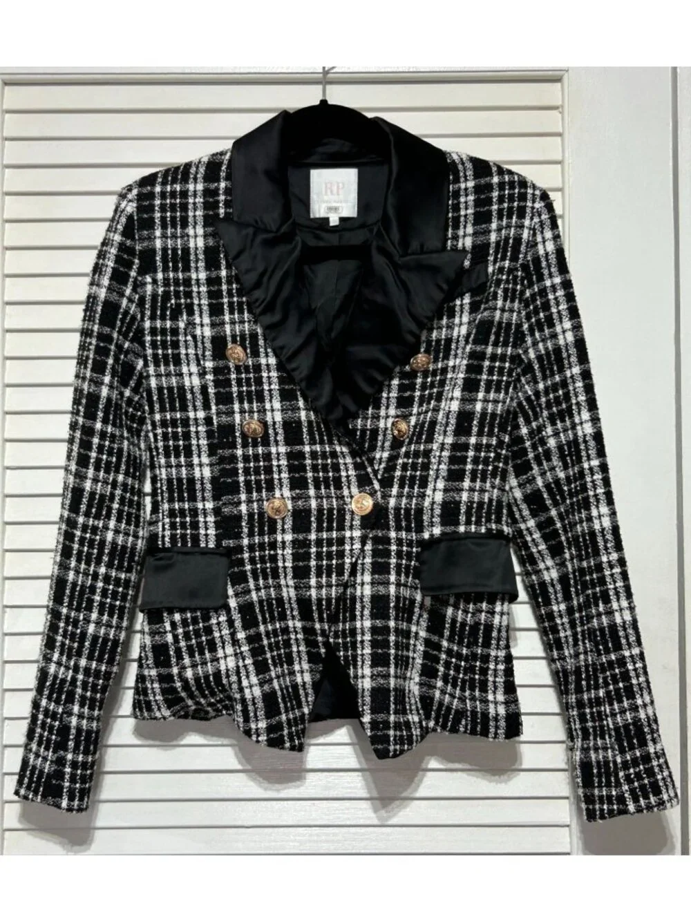 Rachel Parcell Women's Plaid Tweed Double Breasted Satin Lapel Blazer Sz 4 3151 - Picture 12 of 16